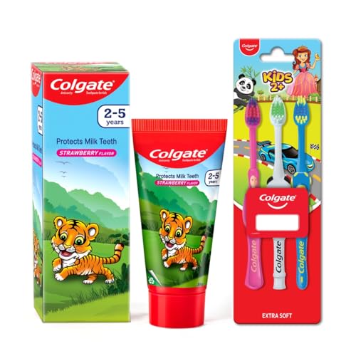 Image of Colgate Kids Anticavity Toothpaste for 2-5 Years - 80gm (Strawberry Flavour) & Colgate Kids Manual Toothbrush for 2+ Years, 3Pcs, with Extra Soft Bristles,Multicolour