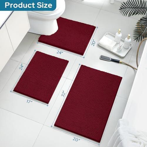 Image of BYSURE Burgundy Red Bathroom Rugs Sets 3 Piece Non Slip Extra Absorbent Plush Chenille Soft Washable Bath Mats