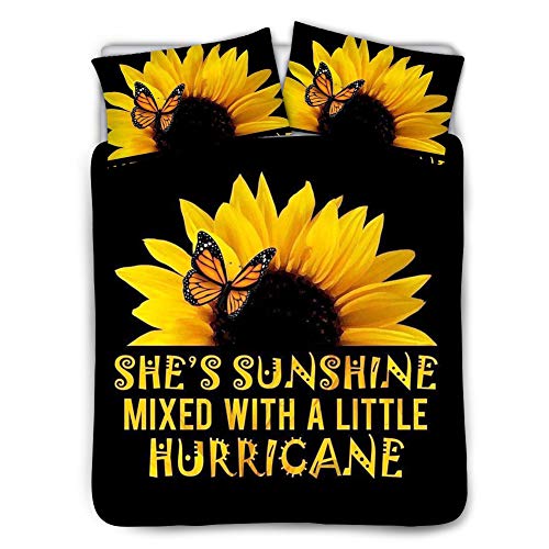 BIGCARJOB She’s Sunshine Sunflower Duvet Cover 3pcs Soft Comforter Cover for Women Girls,Morden Black Floral Bedding Set,1 Duvet Cover+2 Pillow Shams Queen Size