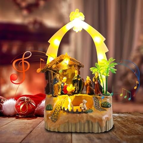 WONDER GARDEN Christmas Nativity Set Indoor,Christmas Houses Village,Nativity of Jesus with Rotating Circle, Angel,Manger and Led Lights for Home Decor or Gift Cover