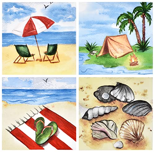 200 Watercolor Summer Beach Cocktail Napkins Disposable Paper Nautical Beaches Scene Beverage Napkin 4 Designs for Coastal Picnic Barbecue Wedding Birthday Party Bridal Shower Dinnerware Decor