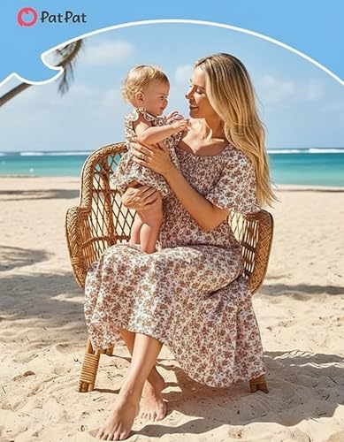 Image of PATPAT Family Matching Outfits Mommy and Me Dresses Floral Dress & T-Shirts | Mommy and Me Easter Dresses, Puff Sleeve Floral Sundress, Cotton Blend T-shirts, Couples Party Wedding Vacation Outfits