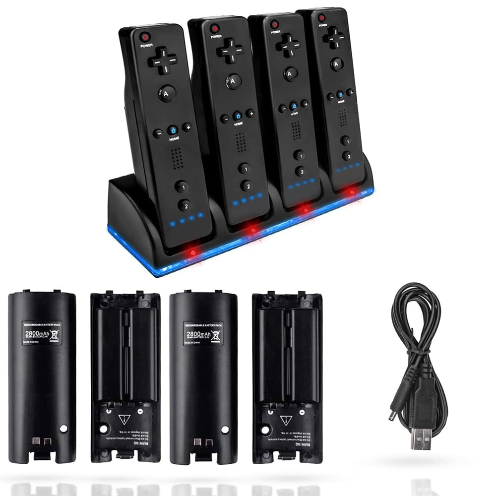 Batteries 2800mAh pour Manette Wii, Station de Charge 4 en 1, Station de Charge avec 4 Batteries Rechargeables et indicateurs LED pour télécommande Wii (Noir)