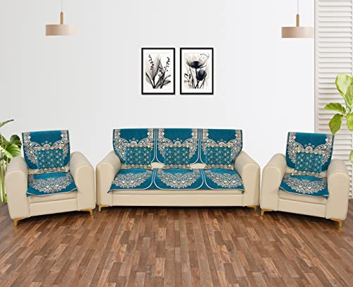 Image of 5 Seater Sofa Cover Set (3+1+1) with Cushion Covers - Stretchable, Anti-Slip, Washable Fabric Couch Cover - Sky Blue