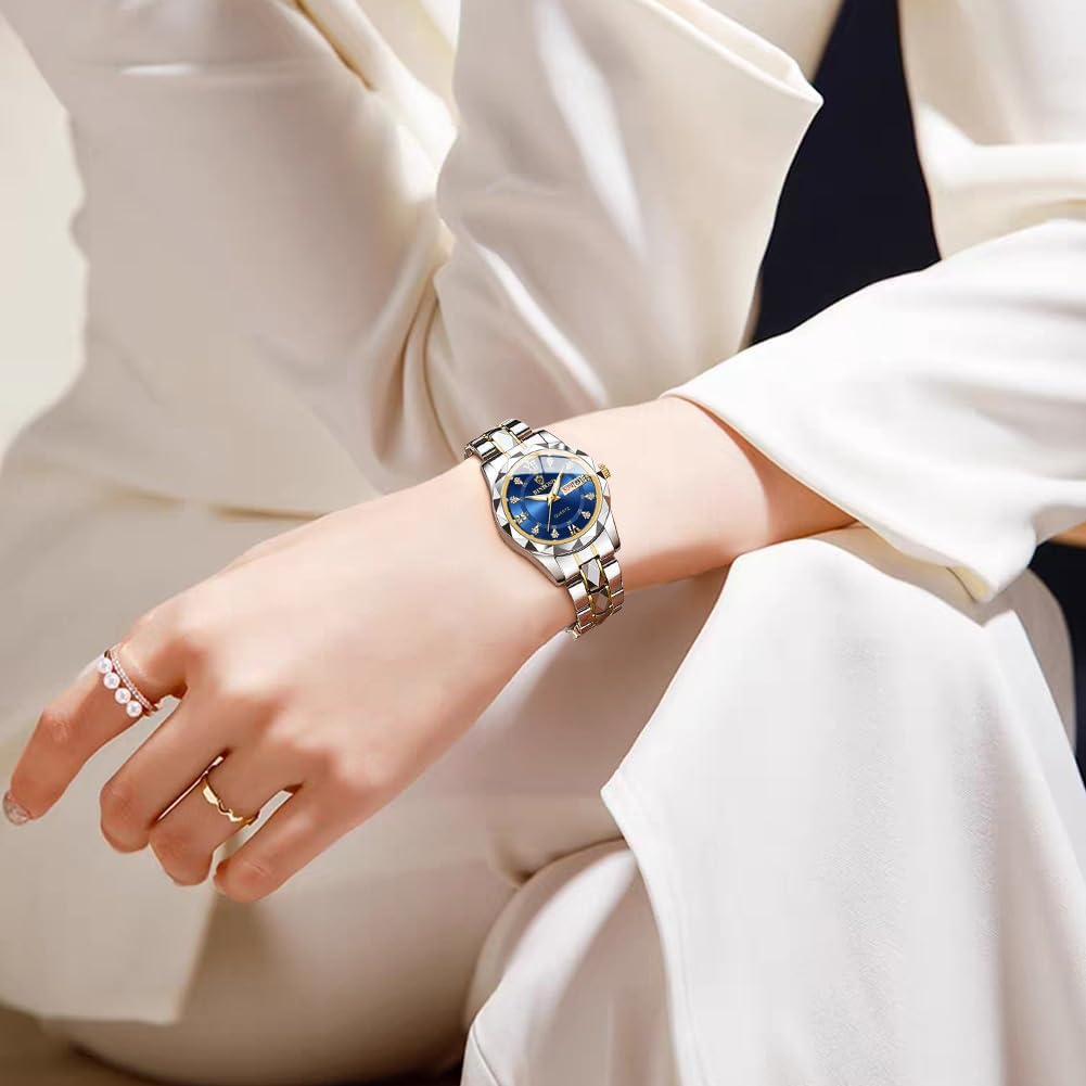 BINBOND Womens Watch Fashion Diamond Elegant Dress Date Ladies Small Wrist Watches for Women Two Tone Stainless Steel Waterproof Luminous
