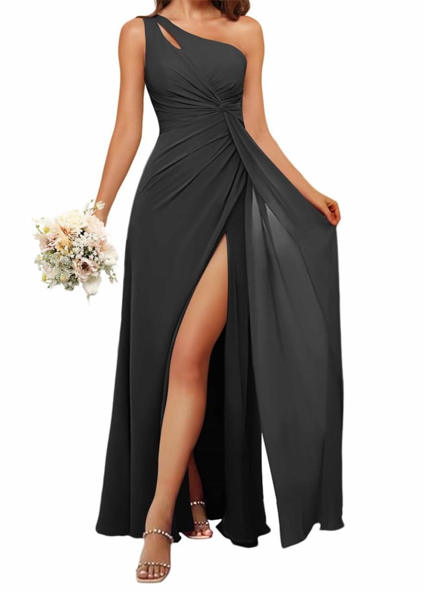 HPPEE Plus Size Black One Shoulder Bridesmaid Dresses with Slit A Line Chiffon Long Formal Party Dress for Women UK20
