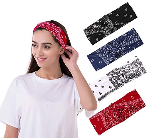 4 Pcs Vintage Flower Printed Headbands, Boho Floal Style CrissCross Elastic Head Wraps, Lightweight Fashion Cotton Hair Band for Women Girls By HAIAISO(cashew)