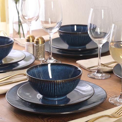 Image of Gibson Elite Midnight Lune Plates and Bowls Sets, 12-Piece Stoneware Dinnerware Sets, Reactive Glaze Dish Set - Blue