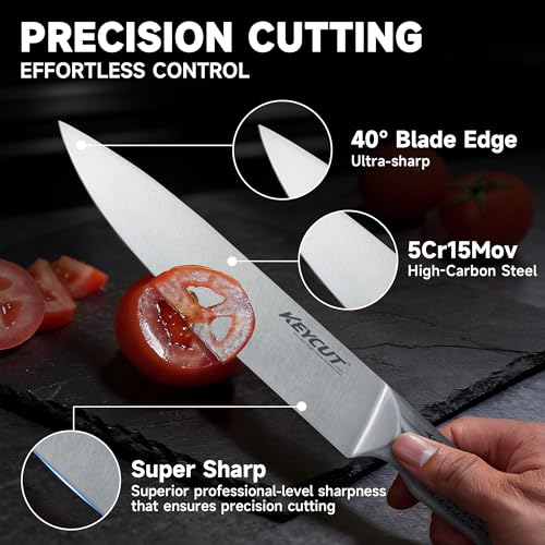 Image of KEYCUT 13 PCS Knife Set with Block, Upgraded 5Cr15Mov High Carbon Stainless Steel Kitchen Knife Sets with Block and Sharpener, Ergonomic Full-Tang Handle, Professional Kitchen Knife Set