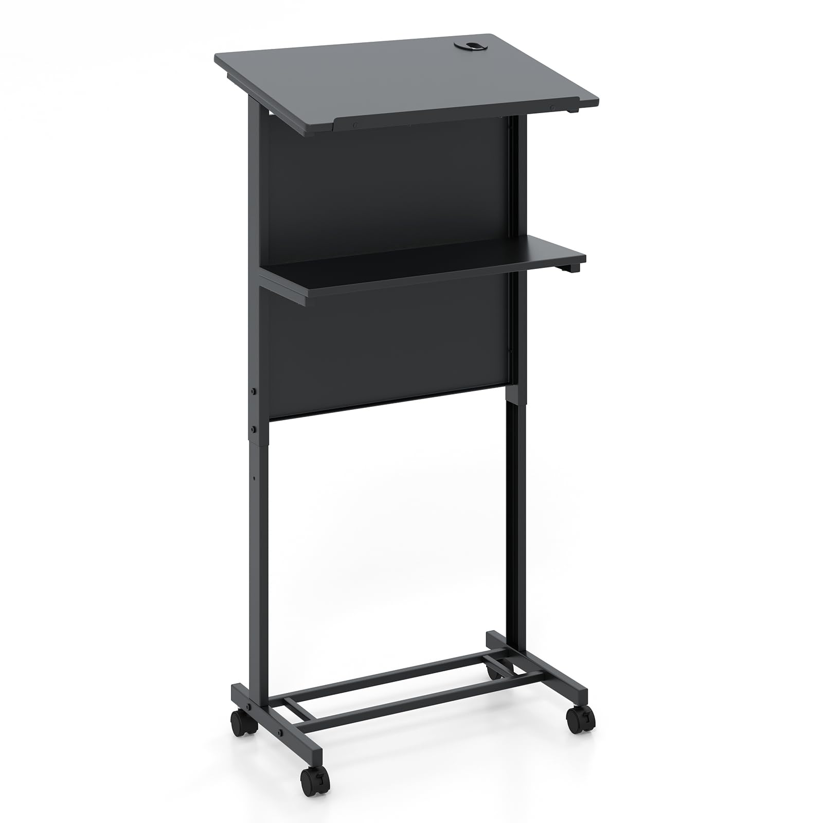 GIANTEX Atril de Conferencia con Altura Ajustable 108,5-122,5 cm, Escritorio de Pie con 4 Ruedas y Tablero Inclinable 60 x 40 cm, Mesa de Ordenador con Estante Abierto, para Aula, Oficina