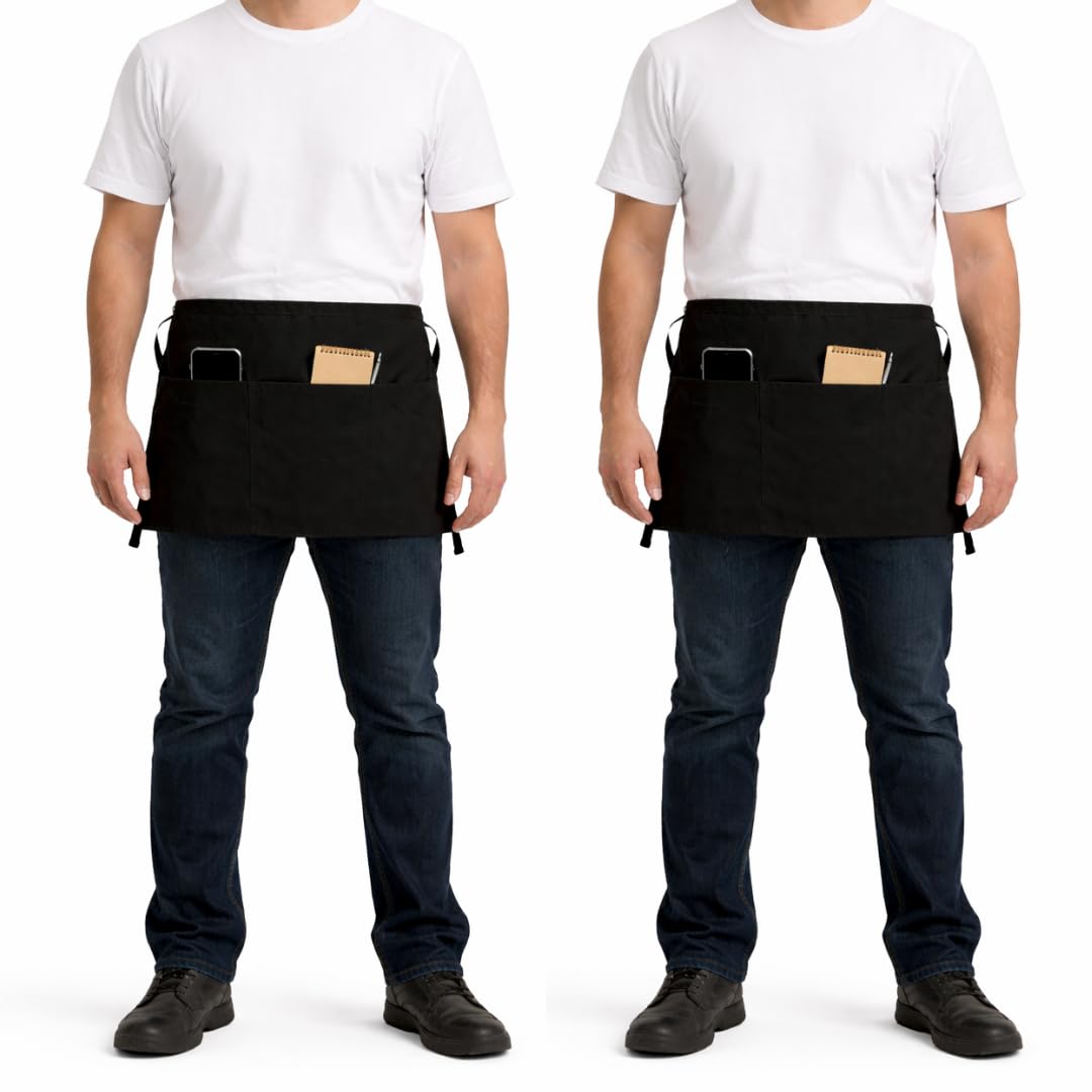 Black Half Apron with 3 Utility Pockets for Men & Women | Professional Waist Apron for Restaurant, Cafe, Salon, Kitchen, Waiter & Barista Use | Adjustable Black Server Apron | PACK OF 2-image-4