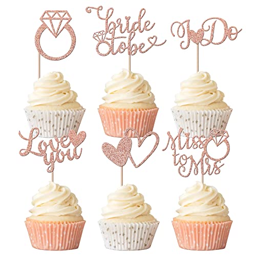 Rsstarxi 24 Pack Bride to Be Cupcake Toppers Glitter I Do Love You Heart Ring Miss To Mrs Cupcake Picks Bridal Shower Cake Decorations for Wedding Engagement Bachelorette Supplies Rose Gold