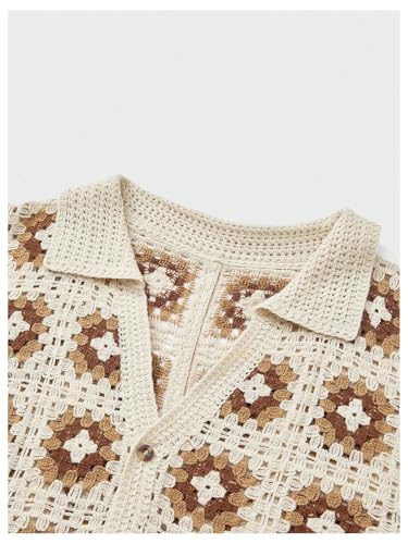 Men's Crochet Knit Short Sleeve Sweaters Hollow Out Vintage Button Down Casual Summer Tops3