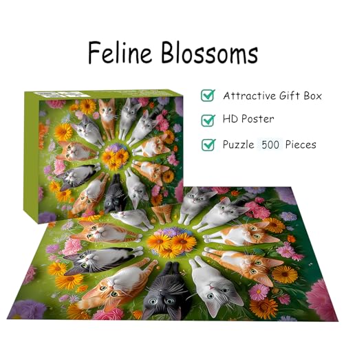 Puzzles para adultos de 500 piezas, rompecabezas de gatos - Feline Blossoms, puzzle floral imposible para seniors y familia, 20.47 x 14.96 pulgadas, póster 1:1, letras en la parte trasera miniatura 3