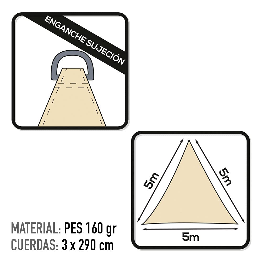 AKTIVE Voile d'Ombrage Triangulaire Beige 500 X 500 X 500 cm pour Jardin ou Terrasse, Polyester 160 g, M², Protection Solaire Durable pour l'Extérieur, Cordes de Fixation Incluses