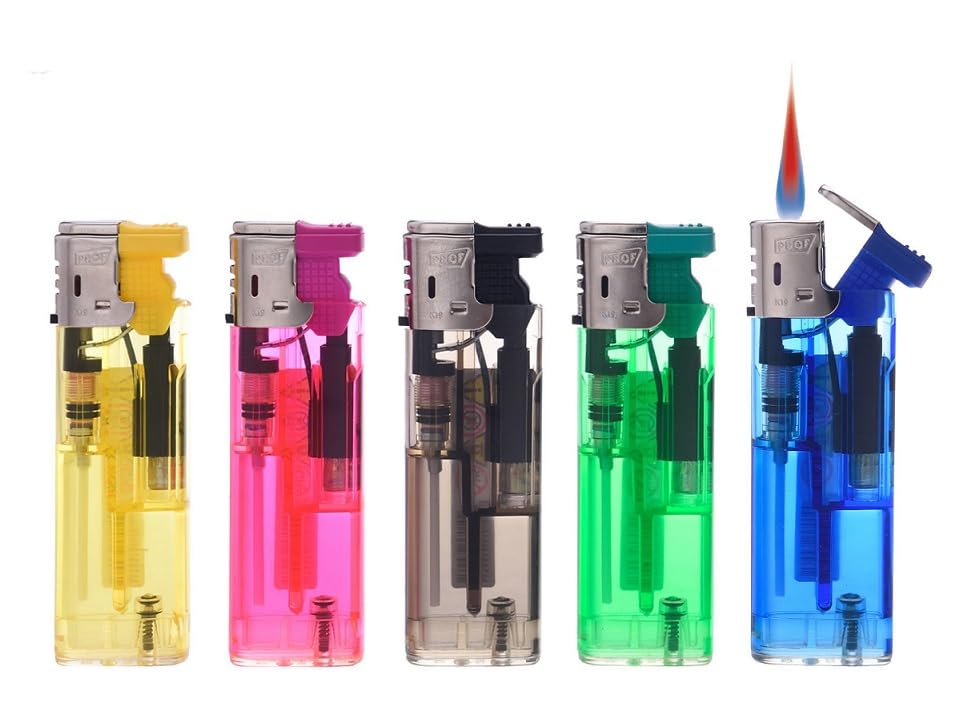 Lot de 5 briquets Prof - Electroniques - Rechargeables Flamme réglable - Bleu, Vert, Noir, Rose, Jaune - 961