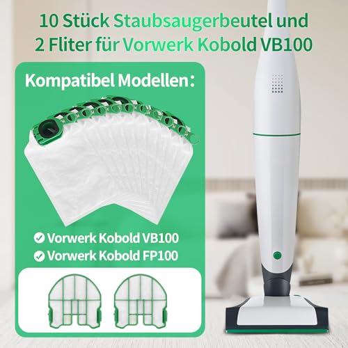 10 Staubsaugerbeutel und 2 Motorschutzfilter Filtertüten für Vorwerk Kobold VB100 FP100