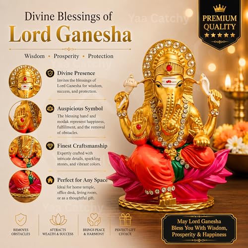 Image of Lord Ganesha Car Dashboard Idol & Crystal Stones Lotus Base Design Hindu God Ganpati.Believed to Protect and Bless Travelers on Their Journeys. (Color)