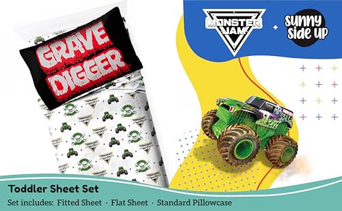 Image of Sunny Side Up Monster Jam Grave Digger Toddler Sheet Set - 3 Piece Toddler Bedding Set Includes Pillow Cover - Super Soft Microfiber Sheets