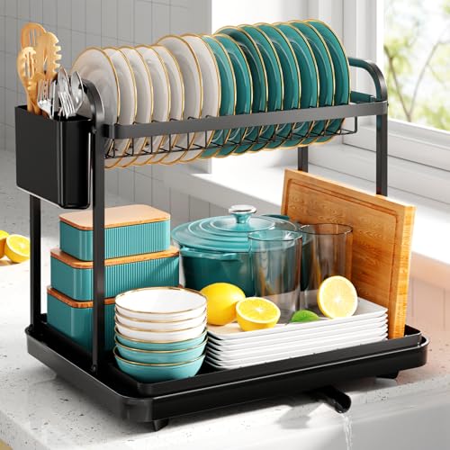 Kitsure Dish Drainer Rack - Space-Saving Dish Drainer Dish Racks for Kitchen Counter Stainless Steel Kitchen Drying Rack with a Cutlery Holder 2-Tiers Black