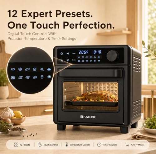 Image of Faber Air Fryer Oven 14L 1400W|View Window| Digital control|Convection Function|Bake Tray, Tray Handle & Crumb Tray|Dishwasher safe removable parts|12 Presets|Roast,Fry,Toast,Defrost|FAO FryMax 14D BK