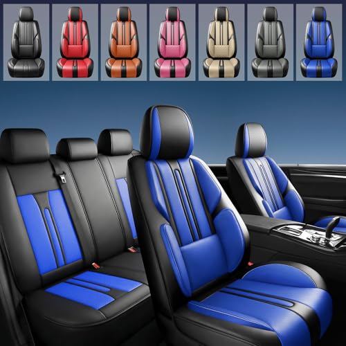 Image of Fit Sierra Car Seat Covers (5 Seats Full Set) Compatible with GMC Sierra 1500 /2500 /3500 2000-2026-Full Coverage Premium Breathable Leather,Airbag Compatible,Waterproof & All-Weather,Black-Blue