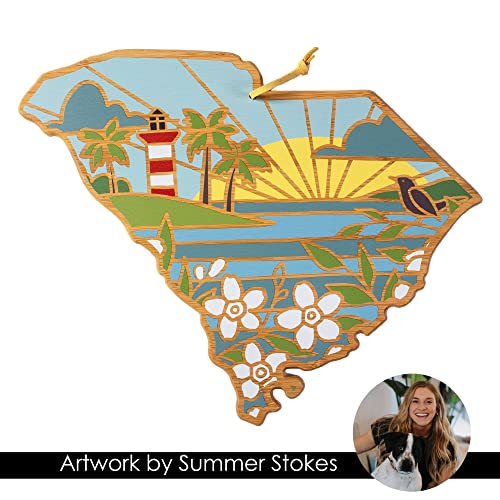 Totally Bamboo South Carolina State Shaped Cutting Board and Charcuterie Serving Platter with Artwork by Summer Stokes, Includes Hang Tie for Wall Display 14\" x 11-1/2\" x 5/8\"