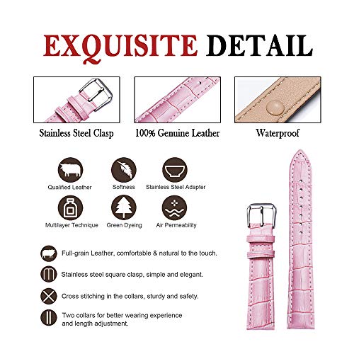 Narako Alligator Style Genuine Leather Watch Bands Genuine Calf Leather Replacement Watch Strap with Stainless Metal Buckle Clasp 12mm 14mm 16mm 18mm 20mm 22mm 24mm for Men and Women (12mm, Pink)