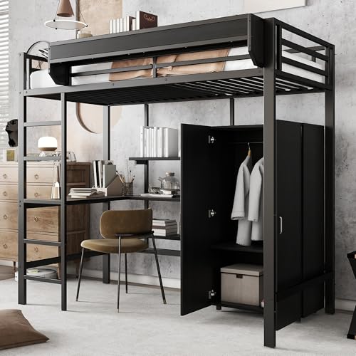 Lit Superposé en Métal 90x200 cm avec Bureau, Armoire et Rangement Intégré, Échelle à 5 Marches, pour Enfants et Adolescents, Noir, Structure Métal...