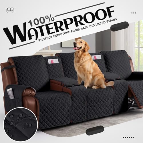 Image of KinCam 100% Waterproof Recliner Sofa Cover with Console, Non-Slip Reclining Couch Covers for 3 Seat, Recliner Couch Cover Furniture Protector with Elastic Straps for Pets, Kids, Black