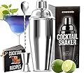 24 Ounce Cocktail Shaker Bar Set with Accessories - Martini Kit with Measuring Jigger and Mixing Spoon plus Drink Recipes Booklet - Professional Stainless Steel Bar Tools - Built-in Bartender Strainer