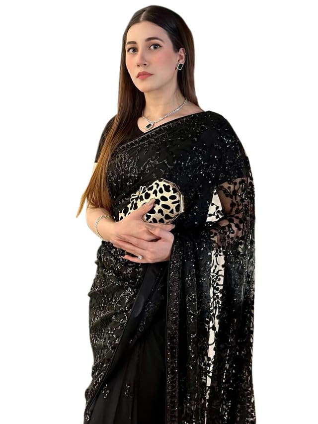 SIRILWomen's Sequence Georgette Saree with Unstitched Blouse Piece