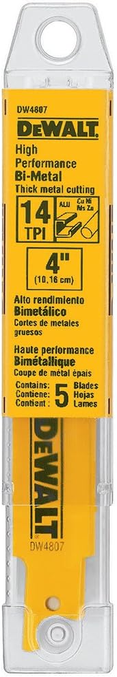 DEWALT Reciprocating Saw Blades, Straight Back, 4-Inch, 14 TPI, 5-Pack (DW4807)