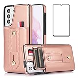 Phone Case for Samsung Galaxy S21 Plus Glaxay S21+ 5G with Tempered Glass Screen Protector Pushable RFID Blocking Card Holder Ring Leather Wallet Cover Stand Gaxaly S21plus + S 21 21+ Women Rose Gold
