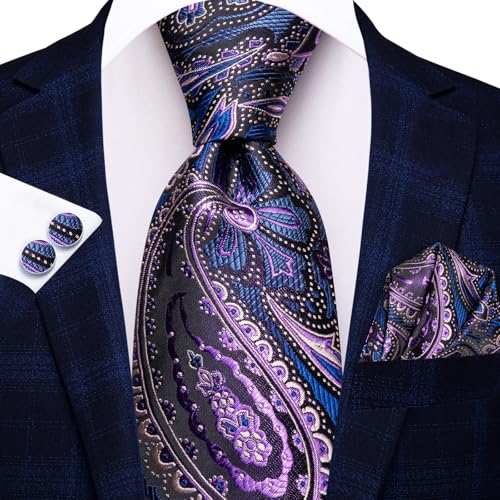 Image of Hi-Tie Men 63inches Tie Set Extra Long Necktie Paisley Tie Pocket Suqare Cufflinks Big and Tall Men Tie