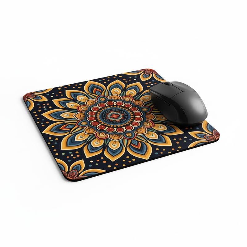 Image of Shivor Gaming Mouse Mat | Mandala Printed Desk Pad | Smooth Cloth Surface Control | Non Slip Rubber Base Stability | Compatible with Optical and Laser Mice | Vibrant Multicolor Pattern | Square Size