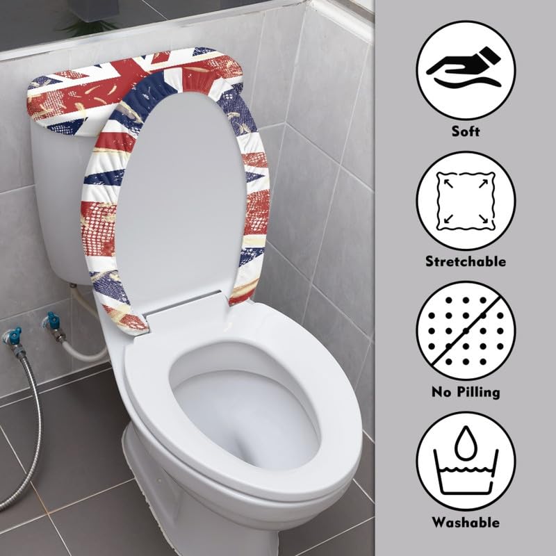 Daulesho British Flag Toilet Seat Lid Cover Red Blue Union Jack Washable Toilet Tank Replacement Toilet Cover Set United Kingdom Patriot Flags for Bathroom Home Decor Accessories