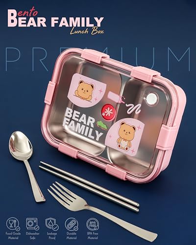 Image of Brand Conquer Lunch Box Leak-Proof BPA Free Stainless Steel for School, Lunch Box for School & Office with a Fork, a Spoon and a Pair of Chopsticks (Pink, Bear Family 2 Compartment)