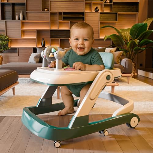 Image of Cockatoo FirstMove 3-in-1 Baby Walker - Adjustable Height (3 levels), Rocker, Push and Activity Walker with Musical Toy Tray & Light, 6 Lockable Wheels, Foldable, Safe for 6-18 Months, Up to 15 kg, Dark Green