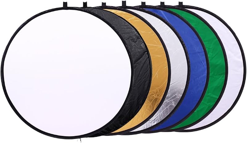 CÁMARA REFLEX Reflector de fotografía 7 en 1 (redondo) – Translúcido/Plata/Oro/Blanco/Negro/Azul/Verde – Difusor de luz y kit de fondo Chroma Key con estuche de transporte (60 cm/23)
