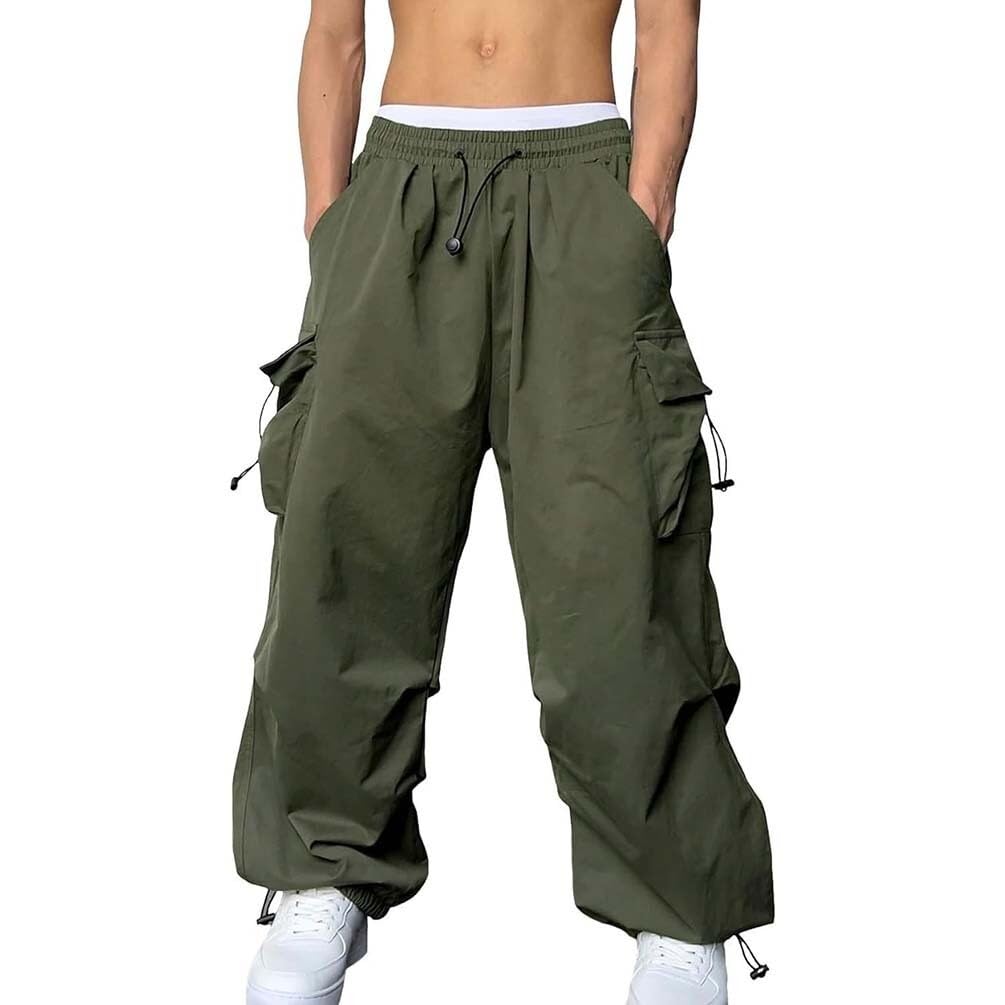Męskie spodnie do biegania, luźne spodnie cargo z kieszeniami, spodnie dresowe Y2K, długie spodnie Streetwear ze sznurkiem (zielony, XL)