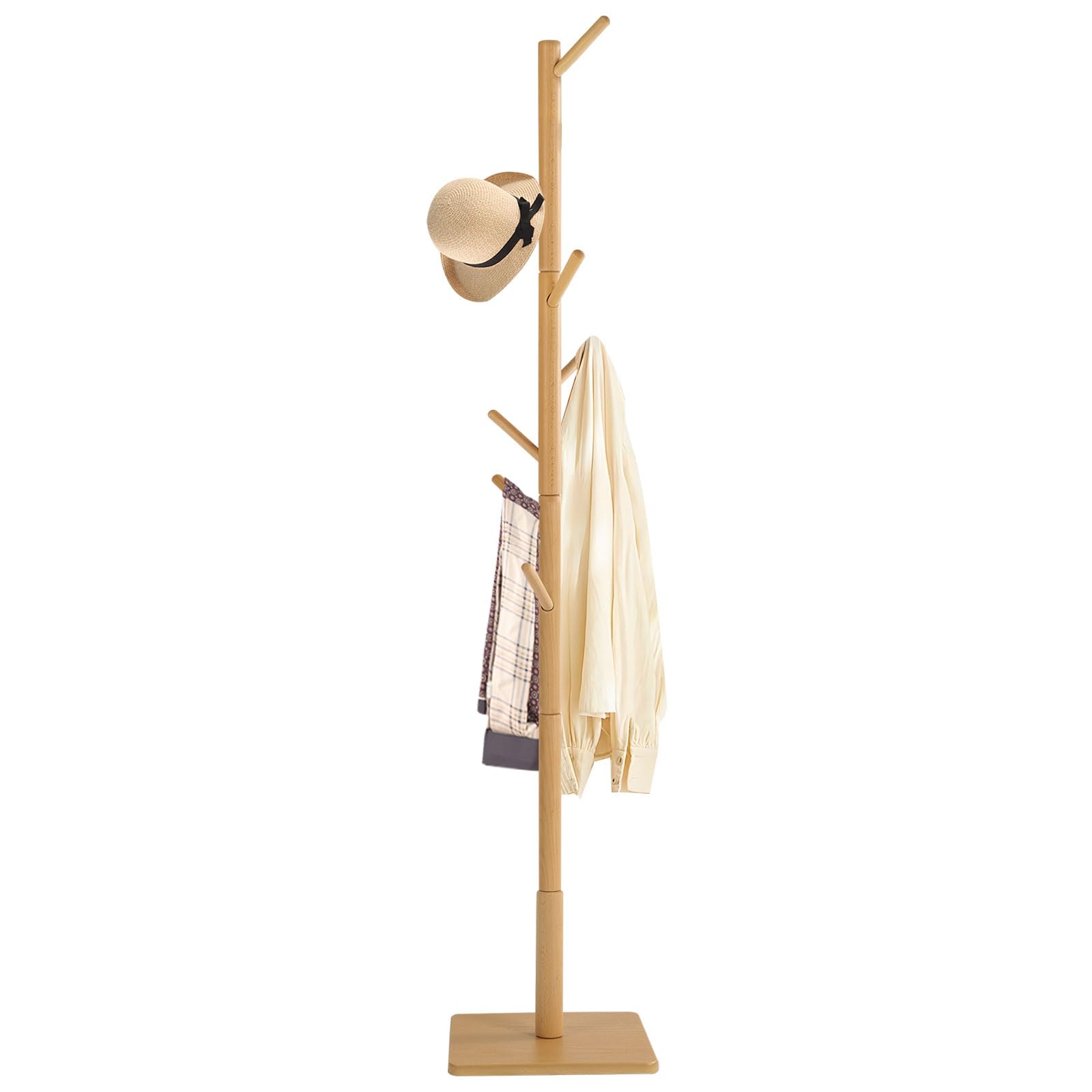 YheenLf 30x30x180cm Perchero de Pie, 3 alturas ajustables, con 8 Ganchos para Entrada, Pasillo, Dormitorio o Recibidor, Madera Percha para Ropa, Sombreros y Bolsos, Naturaleza