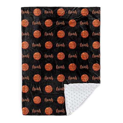 Duckbe Custom Basketball Blanket - Personalized Name with Basketball Patterns - Soft Plush Flannel Blanket with Double Layer Dotted Backing for Baby Toddler Kids Teen Boys Girls Gifts Black
