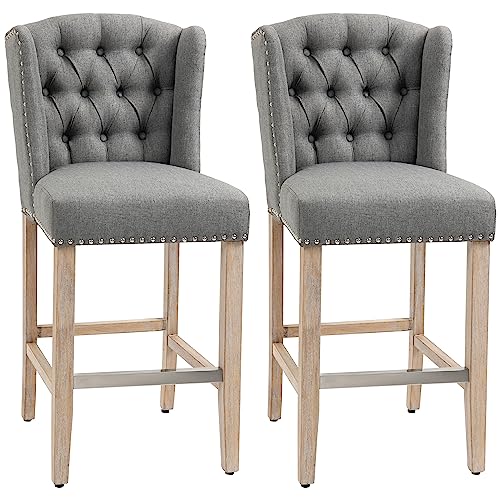 HOMCOM Counter Height Bar Stools Set of 2, 27' Seat Height Upholstered Barstools, Farmhouse Kitchen Island Stools with Nailhead-Trim, Tufted Back and Wooden Legs, Light Gray