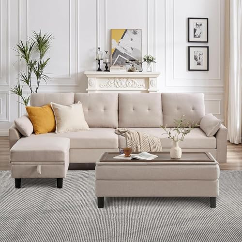 Pingliang Home 102" L-Shape Sofa Couch, Couch with Ottoman Coffee