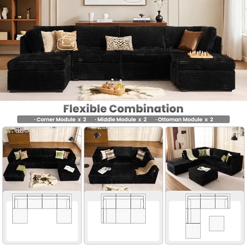 Image of ovios Modular Sectional Sofa Couch with U-Shape Chaise Ottomans, Comfy Plush Corduroy Cloud Couches, Modern Luxury Deep Seat Sofas Set for Living Room, 6-Seater, Black