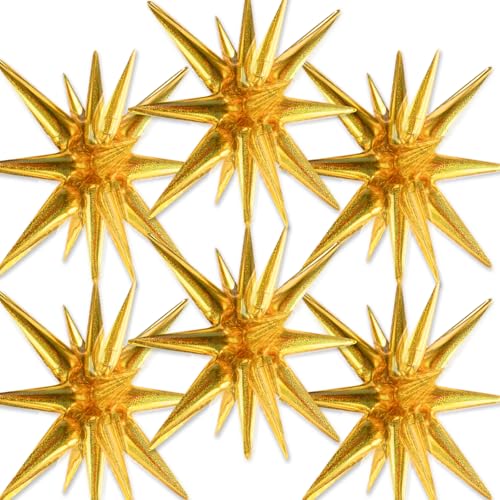 Image of PartyWoo Gold Star Foil Balloons 6pcs 22 Inch Spike Explosion Mylar Balloons for Graduation Birthday Baby Shower Engagement Wedding Anniversary Bridal Shower Bachelorette Retirement Party Decorations
