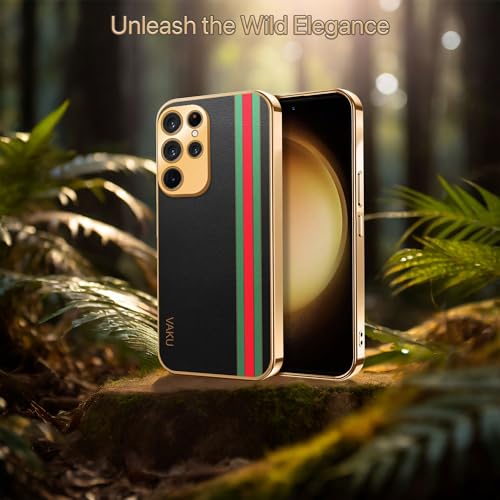 Image of Vaku Luxos Felix Line Back Cover for Samsung Galaxy S22 Ultra 5G with Leather Pattern Gold Electroplated Soft TPU Cover Shockproof Protective Case - Black