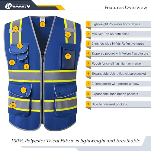 Image of JKSafety 9 Pockets Hi-Vis Safety Vest High Visibility Reflecitive Safety Vests for Men and Women Work Utility PPE Work Gear ANSI /ISEA compliant (902-Blue 4XL)