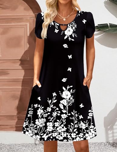Image of Zeagoo Women's Casual A-Line Dresses with Pockets Summer Floral Tshirt Dress Short Sleeve Mini Dress Flowy Sundresses